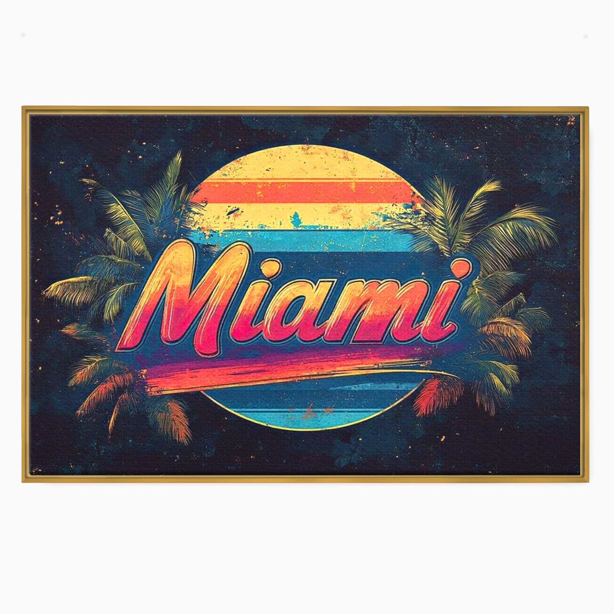 Tablou canvas cu ilustratie retro miami cu soare si palmieri, in rama de aluminiu auriu